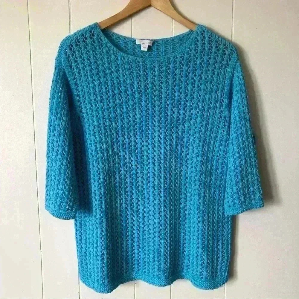J.Jill 3/4 Sleeve Crochet Cotton Blend Top Sweater Size S